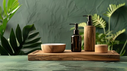 A wooden tray with a bowl and two bottles of lotion and a soap dispenser