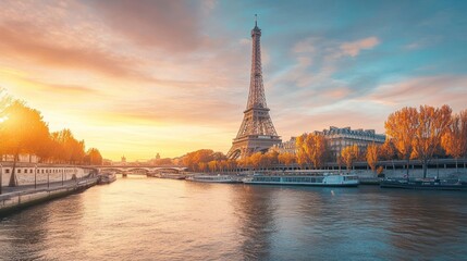 Fototapeta premium Eiffel Tower at Sunrise with the Seine River in Paris