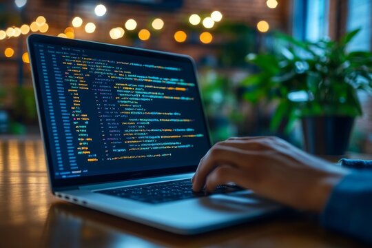 Digital technology, software development concept. Coding programmer, software engineer working on laptop with circuit board and javascript on virtual screen, internet of things, Generative AI