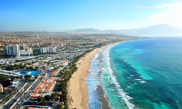 Drone shot captures the ongoing development and construction in Playa Flamenca, showcasing urban expansion along the bustling coastline of Orihuela, Costa Blanca, Spain.
