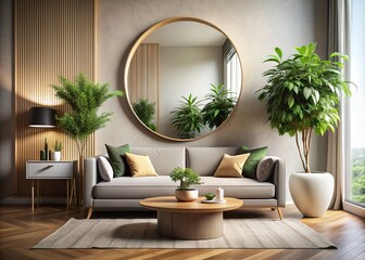 Contemporary living room with fluid curved mirror, lush greenery in stylish vase, and sleek minimalist decor, exuding sophistication and serenity in a modern space.