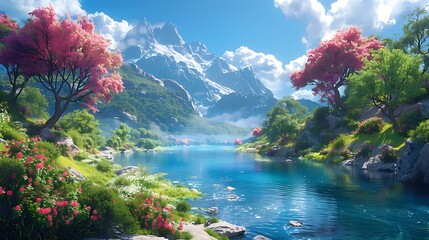A serene valley with a clear river, ancient trees with sprawling branches, and magical creatures like elves and dragons, colorful flowers and lush greenery, under a bright blue sky,