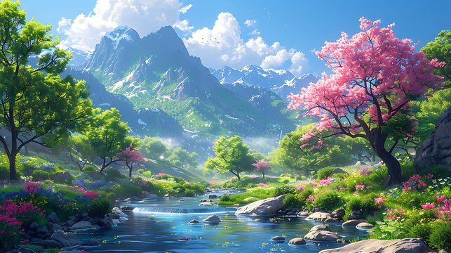 A serene valley with a clear river, ancient trees with sprawling branches, and magical creatures like elves and dragons, colorful flowers and lush greenery, under a bright blue sky,