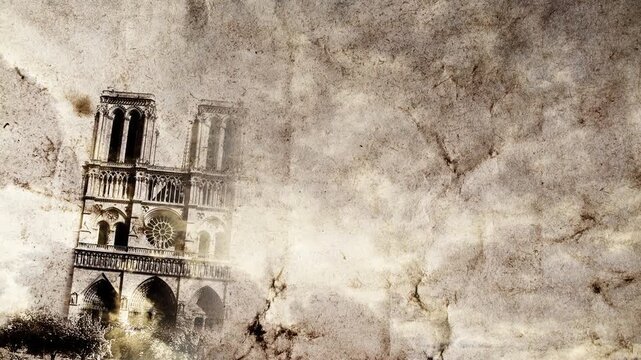 Collage of moving main landmarks of Paris on old grunge paper with time lapse of sky with clouds. Sacre Coeur, Notre Dame and Eiffel Tower. 4k creative video animation with parallax effect.
