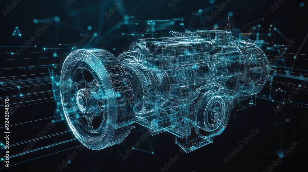 Poster Wireframe Representation of an Engine with Digital Network Lines