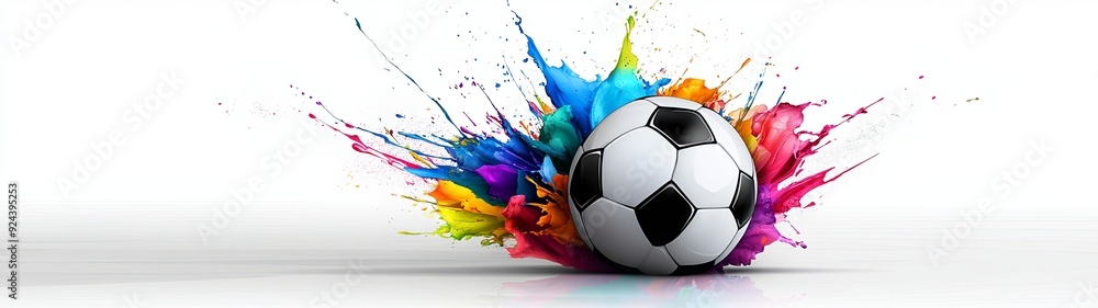 Wall mural A soccer ball on a field with colorful paint splashes bursting upwards, low angle shot, the background blurred to emphasize the ball and paint, bright natural lighting with soft shadows, more clarity