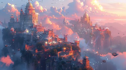 Obraz premium A vibrant fantasy city with tall towers, flying ships navigating between buildings, and a diverse population of humans and magical creatures, bustling streets and colorful architecture,