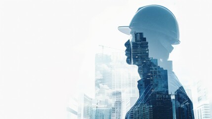 A man in a hard hat stands in front of a city skyline