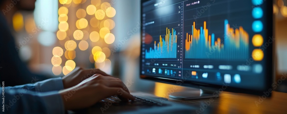 Poster data analysis for business success. intelligence and business analytics. businessman analyzing sale 