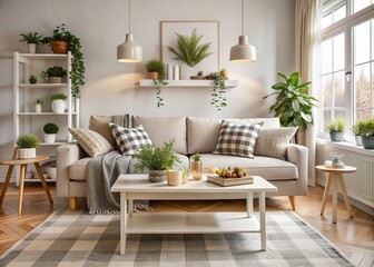 Fototapeta premium Cosy Scandinavian living room features a modern white coffee table, fresh greenery, minimalist decor, soft sofa, plaid throws, and stylish neutral tones exuding warmth.