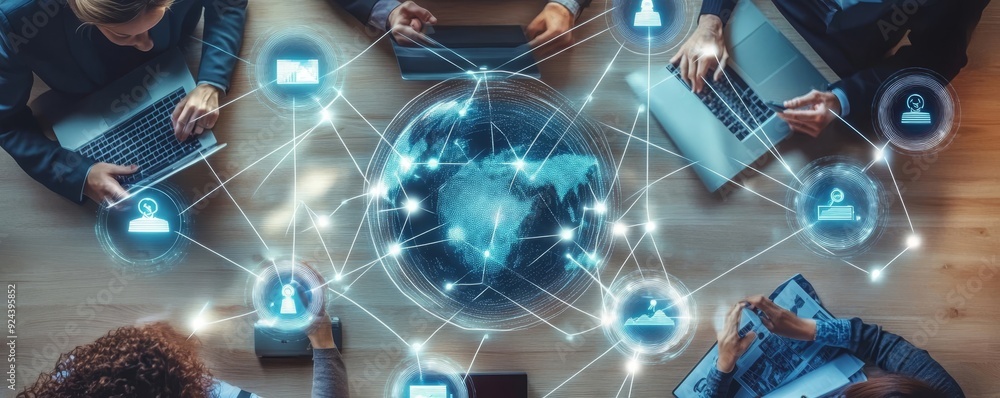 Poster global business, digital organization. business team working with global network connection and data