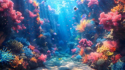 Fototapeta premium A whimsical underwater world with vibrant coral reefs, schools of exotic fish, and a hidden mermaid city among the corals, sea plants swaying,
