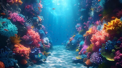 Obraz premium A whimsical underwater world with vibrant coral reefs, schools of exotic fish, and a hidden mermaid city among the corals, sea plants swaying,