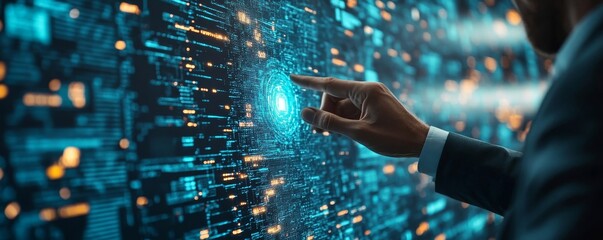 AI Artificial Intelligence, Data Science, Information technology concept. Businessman touching on AI machine learning on virtual screen with big data, Generative AI