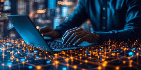Big data, digital technology, internet network connection, futristic technology background. Man using mibile phobe and laptop and smart city, Generative AI