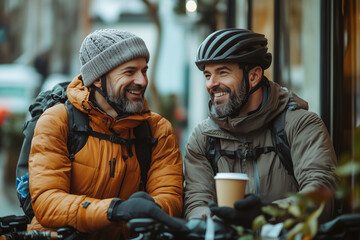 Fototapeta premium Two cyclists savoring coffee in a cozy cafe surrounded by autumn leaves