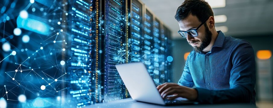 Computer engineer working on laptop computer with server room, data center, big data storage as backgrounds, digital technology, database, IT support, Generative AI