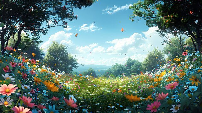 An enchanted garden filled with blooming flowers, butterflies flitting about, and tiny magical creatures peeking from behind leaves, under a bright, clear sky, vibrant and playful cartoon style,