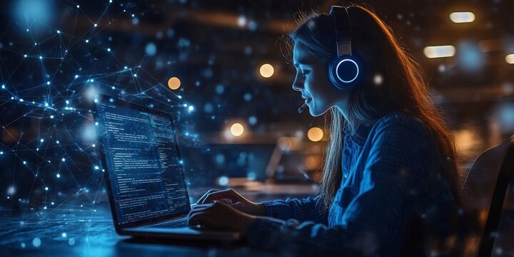 Technical support customer service concept. internet network technology. Software engineer working with laptop computer with customer support icons, internet, Generative AI