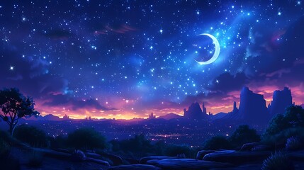 Fototapeta premium An enchanted night sky filled with twinkling stars, a crescent moon shining brightly, and dark mountains silhouetted against the horizon, with a serene and magical ambiance, whimsical cartoon style,
