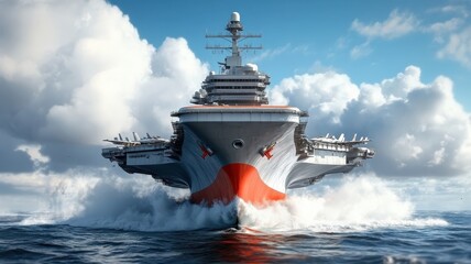 Stylized illustration of aircraft carrier in bold lines and contrasting colors.