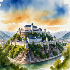 Naklejka premium Watercolor illustration of Hohensalzburg Fortress overlooking the city of Salzburg. The scene feature the imposing medieval fortress perched on a hill