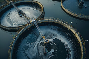 Aerial view of wastewater treatment plant, sewage filtration