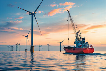 Transport ship and crane constructing offshore wind park