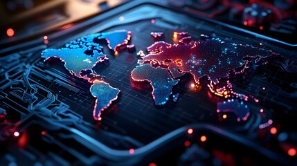 World map in a futuristic style,  background with a digital grid.