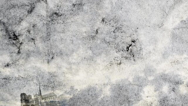 Collage of moving main landmarks of Paris on old grunge paper with time lapse of sky with clouds. Sacre Coeur, Notre Dame and Eiffel Tower. 4k creative video animation with parallax effect.