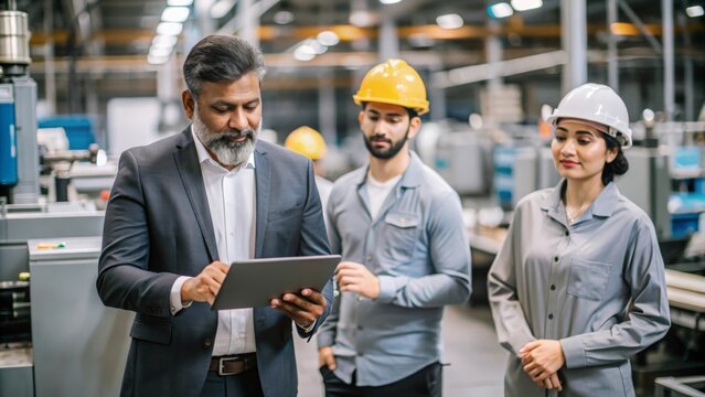 An Indian factory supervisor managing and guiding workers on the production floor.
