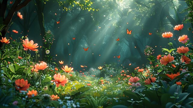 Enchanted garden scene with blooming flowers, butterflies, and tiny magical creatures like elves and fairies hiding among the plants, surrounded by lush greenery and a sparkling stream,