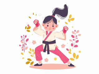 child practicing taekwondo simple illustration. AI generated