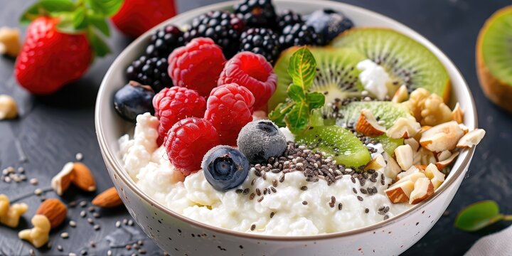 White bowl filled with breakfast cottage cheese mixed berries kiwi nuts and chia seeds