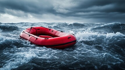 Red Inflatable Life Raft in a Stormy Sea