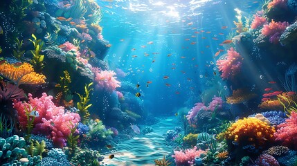Fototapeta premium Enchanted underwater scene with a colorful coral reef, diverse fish swimming around, and a hidden mermaid city in the background, seaweed and plants swaying gently,