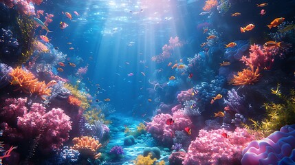 Fototapeta premium Enchanted underwater scene with a vibrant coral reef, diverse exotic fish, and a hidden mermaid city among the corals, sea plants swaying in the current, and sunlight illuminating the scene,
