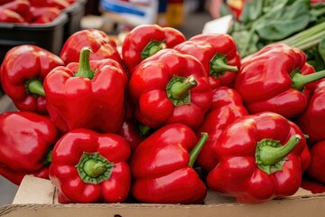 Heap Of Ripe Big Red Peppers At A Street Market. Peppers background with generative ai
