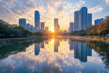 Obraz premium A business district in the heart of a metropolitan city, with skyscrapers reflecting off a river at sunrise