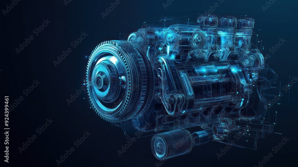 Poster wireframe model of a complex internal combustion engine
