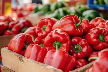 Heap Of Ripe Big Red Peppers At A Street Market. Peppers background with generative ai