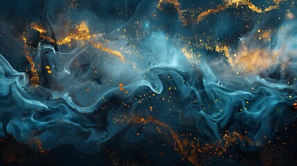 Abstract ink design with a contemporary golden ocean glitter black pattern splash light blue brush artistic smoke sea