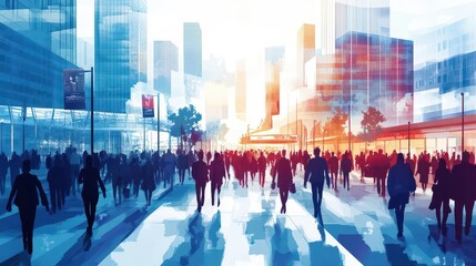 A cityscape during a business convention, with crowds of people heading toward a massive convention center