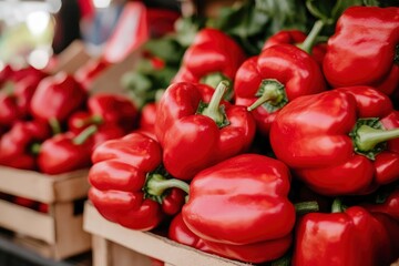 Heap Of Ripe Big Red Peppers At A Street Market. Peppers background with generative ai