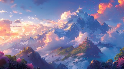 Majestic mountain peak with a castle on top, enveloped by floating clouds and flying dragons, a vibrant and enchanting scene, full of magical elements, illustrated in a playful cartoon style,