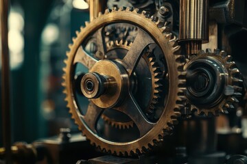 A detailed closeup of a vintage mechanical clock with intricate gears and cogs, set in an industrial workshop