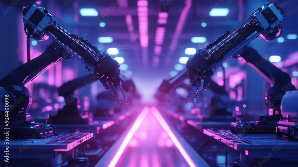 Aufkleber a futuristic factory with robotic arms assembling advanced technology devices, glowing neon lights i