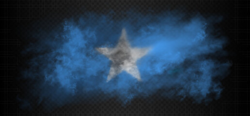 Smoke cloud in the colors of the Somali flag. Somalia country sky blue with white star realistic gradient colorful fog isolated on dark semi transparent background. Good quality vector illustration