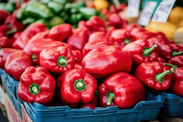 Heap Of Ripe Big Red Peppers At A Street Market. Peppers background with generative ai