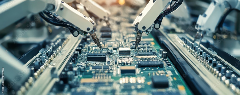 Aufkleber A hightech electronics assembly line with robots meticulously placing tiny components onto circuit boards